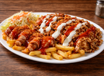 Taxiteller mit Pommes, Dönerfleisch, Currywurst und Soßen. KI-generiert.