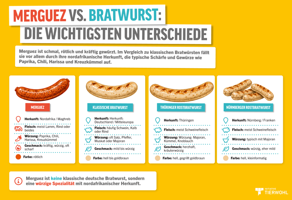 Infografik mit Merguez, klassischer Bratwurst, Thüringer Rostbratwurst und Nürnberger Rostbratwurst im Vergleich nach Herkunft, Fleischbasis, Würzung, Farbe und Geschmack.